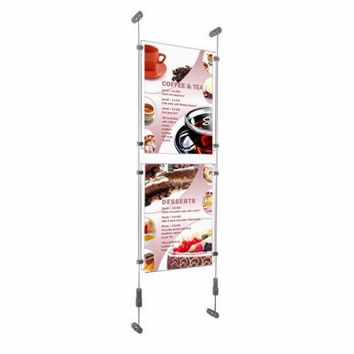 PW6: Wire-fix wall poster displays - columns of acrylic holders on wall-suspended wires